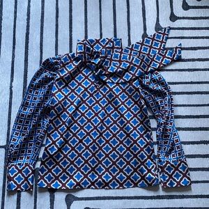 Zara retro blouse with neck-tie. Blue & Brown. Size:M